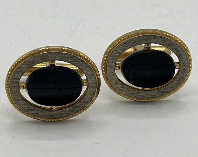 Swank Vintage Oval Onyx Silver Goldtone Cufflinks Marked S 1”