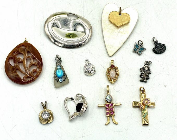 Vintage Pendant Charm Lot Hearts Cross Rhinestone Butterfly Girl 13 Pc