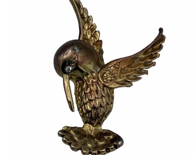Vintage Hummingbird Brooch Gold Tone Rhinestone Eye 3D Sculptural Pin 1940s 50s