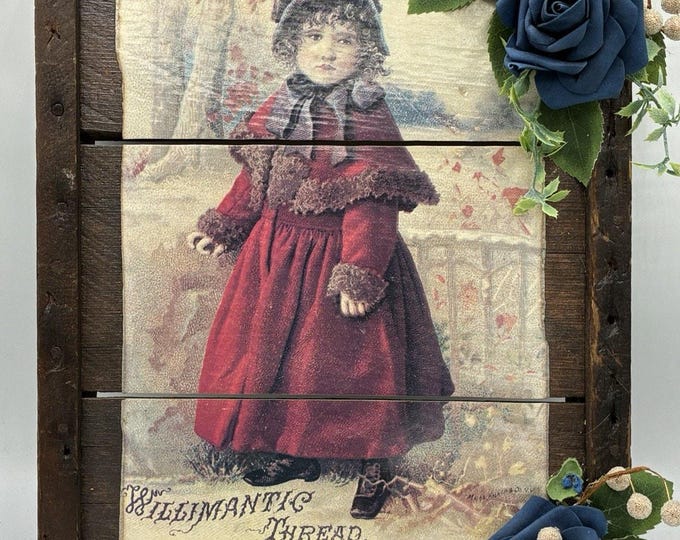 Farmhouse Wall Decor Vintage Style Willimantic Thread Image Barnwood Floral