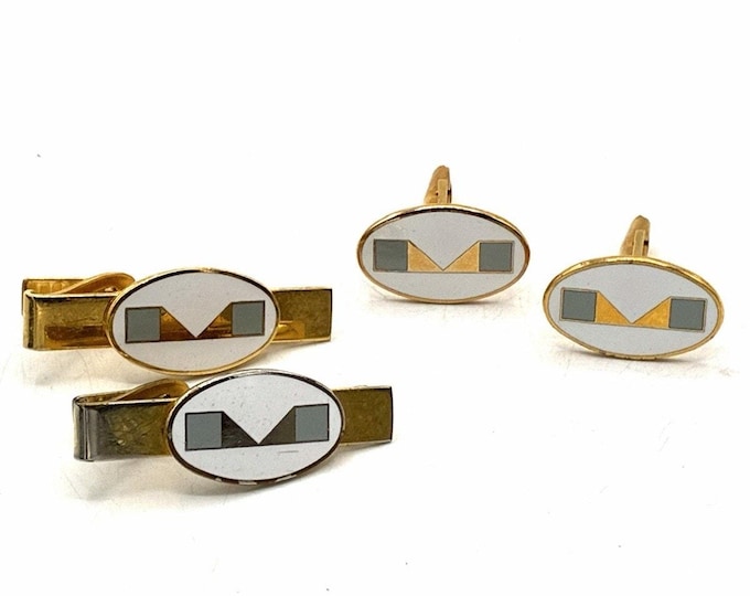 Vintage Patent Pending Cufflinks Tie Bar Set Atomic Geometric Gold Tone MCM