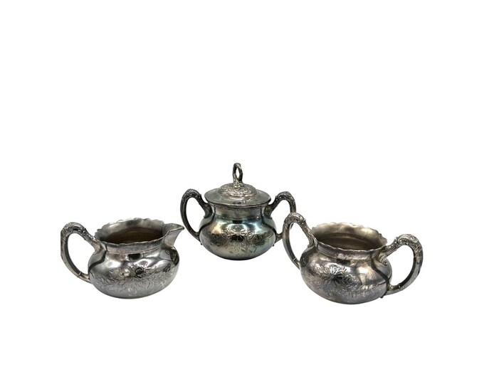 Homan Quadruple Silver Plate 3pc Creamer Sugar Set Victorian Chrysanthemum 1800s