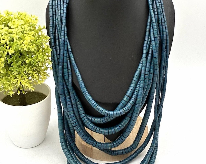 Vintage Blue Heishi Style Multi Strand Necklace 29” Wood Statement Jewelry