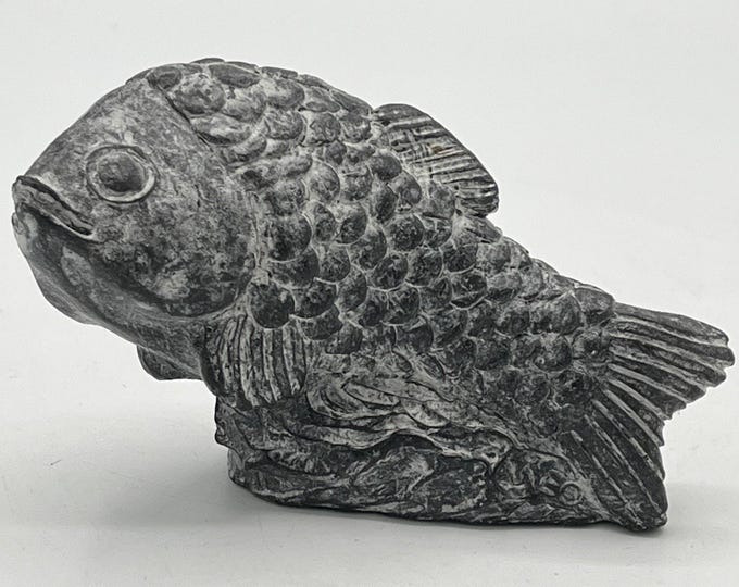 Vintage Wolf Originals Hand Carved Soapstone Koi Fish Sculpture Canada Gray Stone