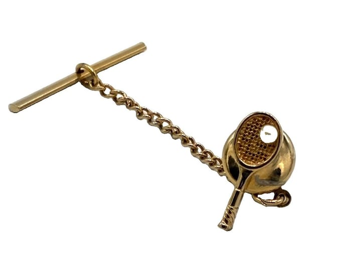 Vintage Swank Tennis Racquet Tie Tack Signed Gold Tone Pearl Ball