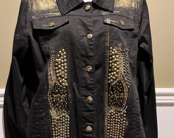 Womens Black Gold Luxe Moda Denim Jacket Rhinestone Embellished Size M NWT