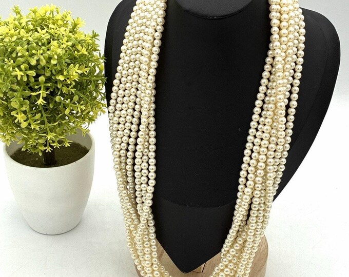 Vintage Multi Strand Faux Pearl Necklace 22" Gold Tone Interlocking Heart Clasp