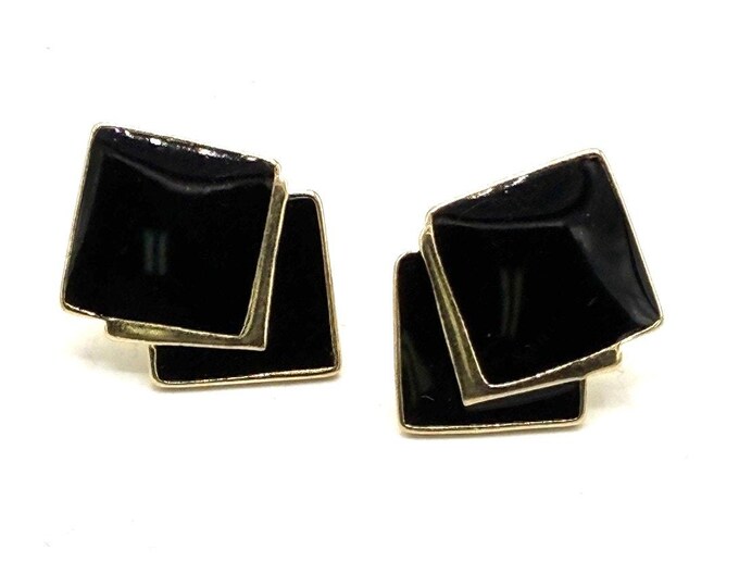 Signed Trifari Black Enamel Geometric Stud Earrings, Gold-Tone