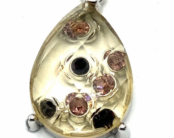 Teardrop Rhinestone Pendant Necklace Pink Black Stones Silver Tone 18”