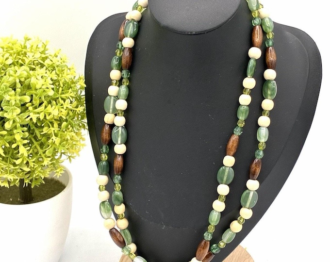 Long Green Wood Beaded Necklace 38” Mixed Beads Boho Layering Jewelry