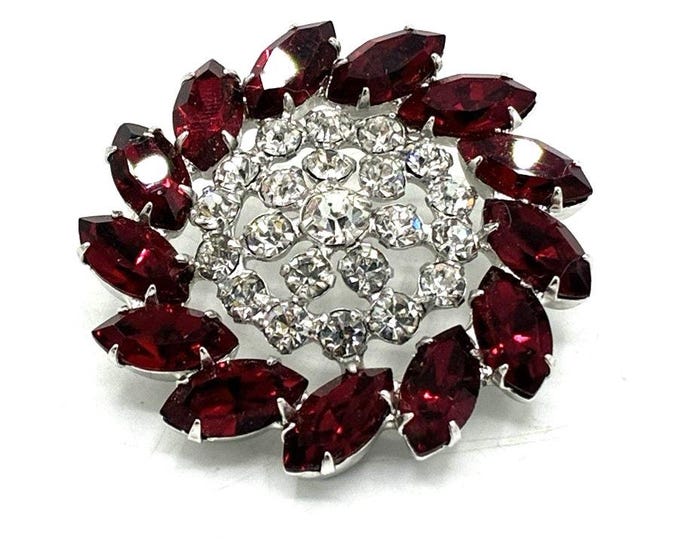 B David Signed Brooch Red Marquise Rhinestone Swirl Silver Tone Vintage