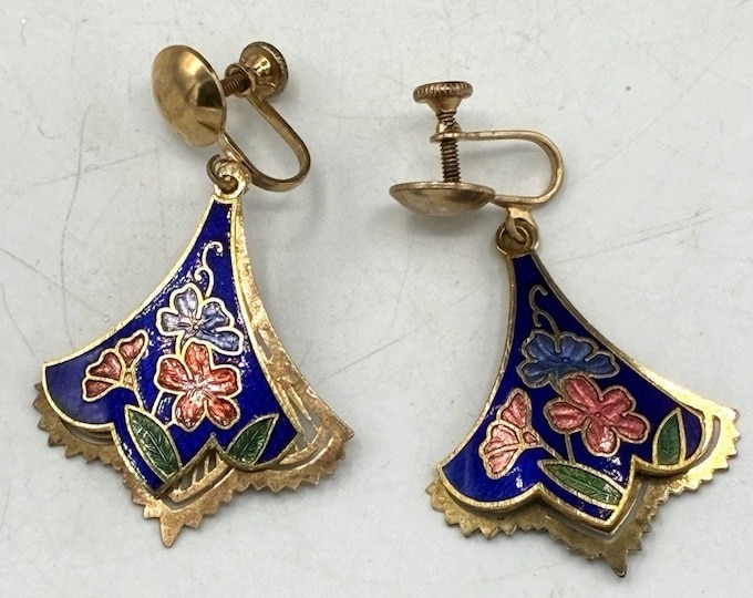 Vintage Cloisonne Enamel Fan Dangle Earrings Cobalt Blue Filigree Screw Back