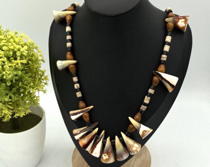 Vintage Natural Cone Shell Necklace Heishi Beads Tribal Beach Boho Statement 22"