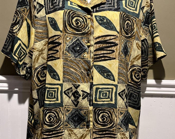 Vintage Voir Collection Geometric Button Up Blouse Size XL Retro Statement Print