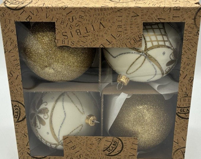 Vitbis Poland Glass Christmas Ornaments Set/4 Cream Gold Glitter Mix