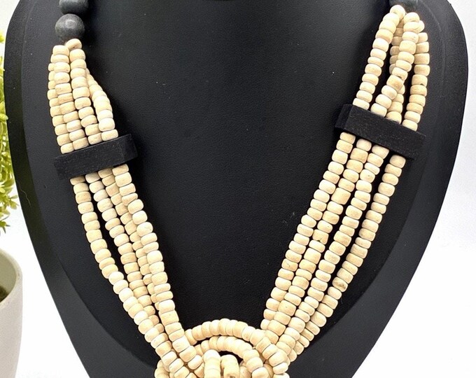 Chunky Wood Bead Necklace Multi Strand Knotted Statement 22” Natural Black