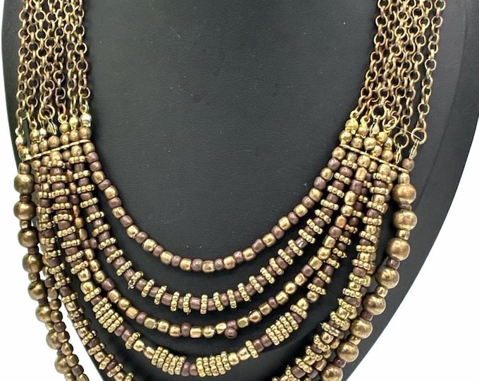 Vintage Style Antiqued Gold Tone Multi Strand Beaded Bib Necklace Brown Boho 18 Inch