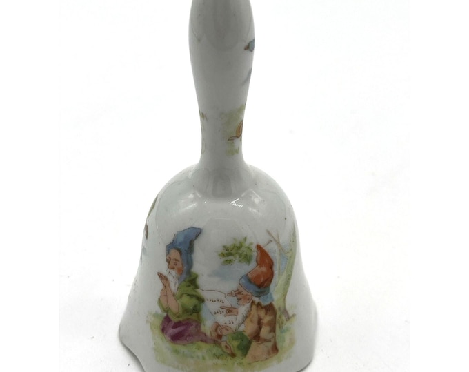 Vintage Whimsical Bell with Frogs Gnomes Elves Pixies Illustrated 5 Inch
