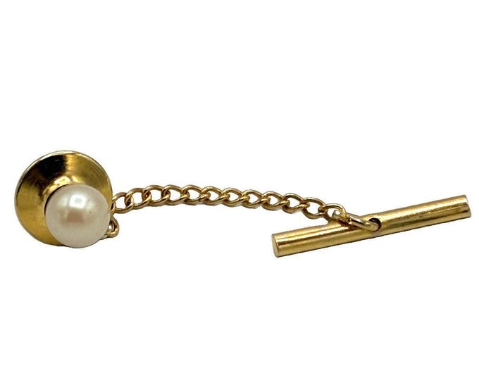 Vintage Faux Pearl Tie Tack Gold Tone Tiered Base Bar Chain Back