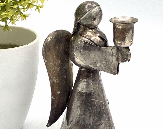 Vintage Folk Art Metal Angel Candle Holder Handmade Tin Rustic Christmas 5”
