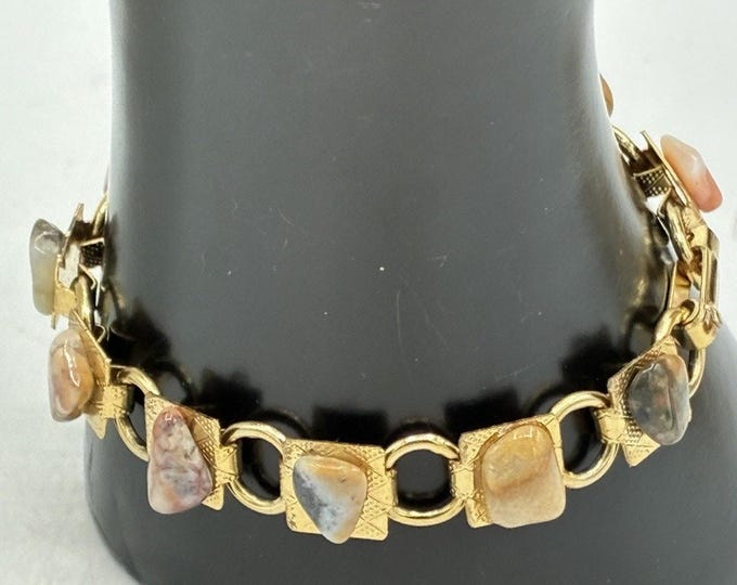 Vintage Gold Tone Tumbled Stone Link Bracelet Agate Jasper Cabochon 7 Inch