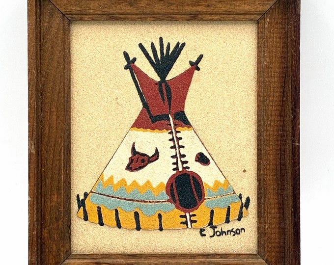 Vintage Signed Sand Painting “The Teepee” E Johnson Framed New Mexico 1987