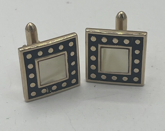 Vintage 1960s Swank Square Mother Of Pearl Cufflinks Goldtone Black Contrast