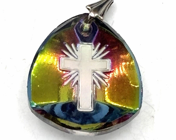 Vintage Iridescent Rainbow Cross Pendant Aurora Borealis Glass Silver Tone