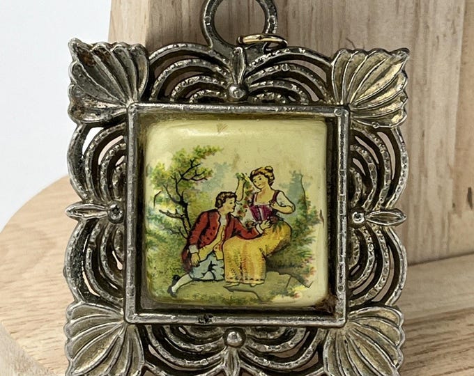 Vintage Silvertone Porcelain Pendant Man Woman Romantic Victorian Love Scene