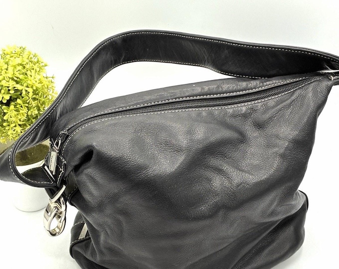 Perlina New York Black Leather Hobo Shoulder Bag White Contrast Stitch