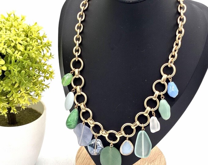 Vintage Gold-Tone Chunky Chain Necklace Multicolor Stone Charm Dangles 16”