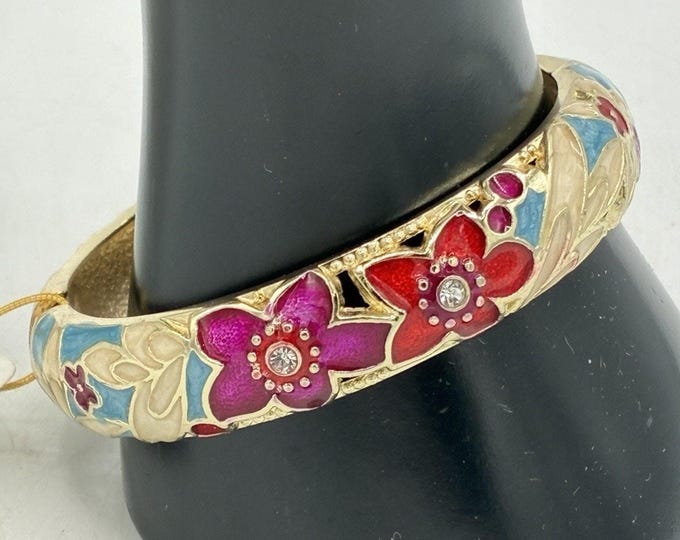 Bangler Designed in Hawaii Enamel Floral Hinged Bangle Bracelet Rhinestone NWT