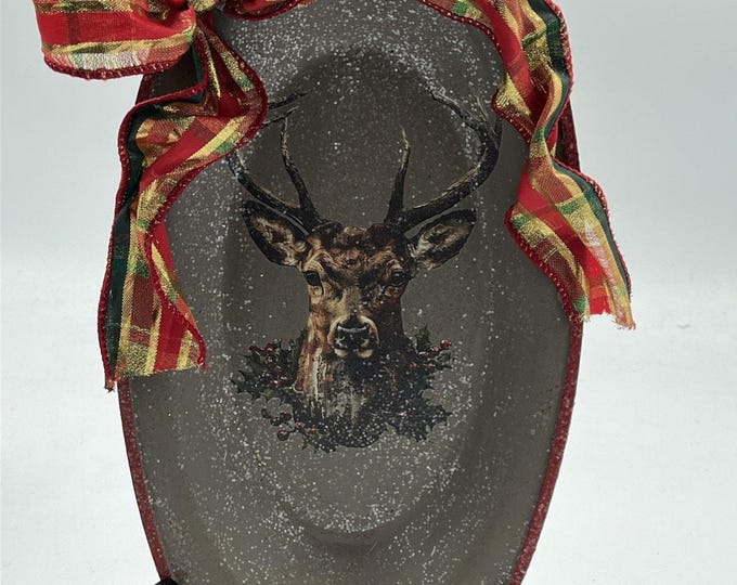 Handmade Decoupaged 13”x 7” Christmas Tray Painted Glitter Deer On Vtg Tray