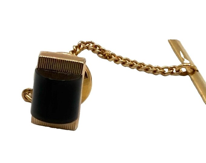 Vintage Black Onyx Tie Tack Gold Tone Ribbed Edge Rectangle Chain Back