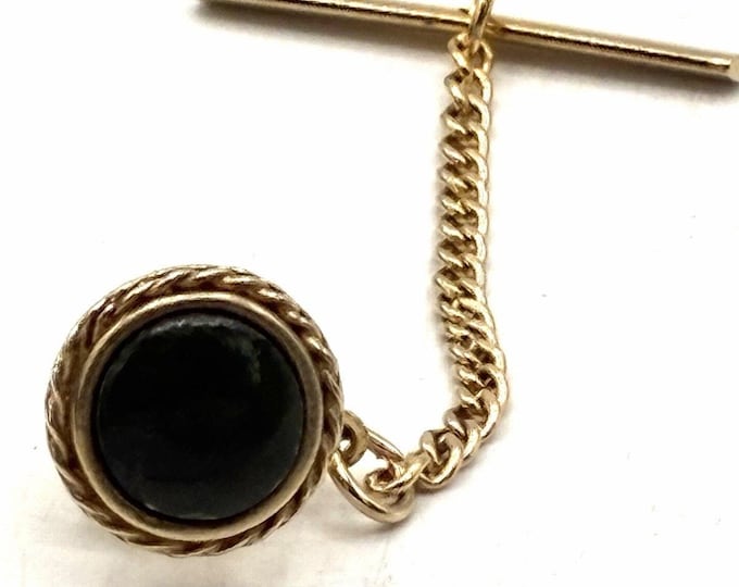 Vintage SWANK Tie Tack Dark Green Cabochon Gold Tone Rope Edge Mens Jewelry