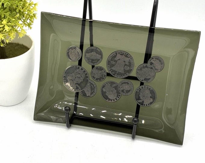 Vintage Smoked Green Glass Coin Art Tray – Printed U.S. Coin Design Souvenir Dish