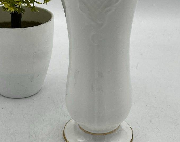 Royal Albert Bone China England White Embossed Scroll Vase Gold Trim 6in