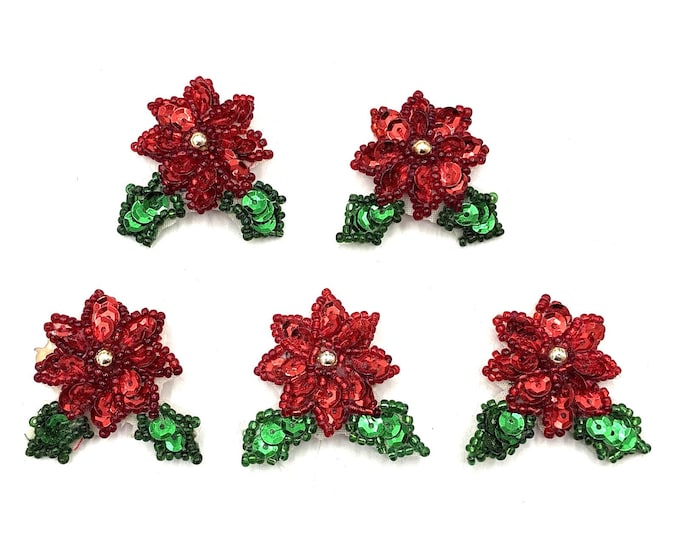 Vintage Poinsettia Button Covers Set 5 Red Green Sequin Beaded Christmas
