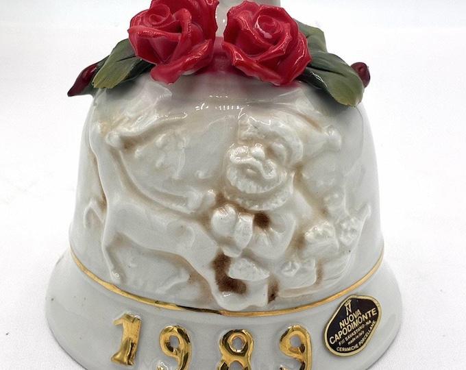 Vintage 1989 Nuova Capodimonte Italy Porcelain Christmas Bell Santa Reindeer
