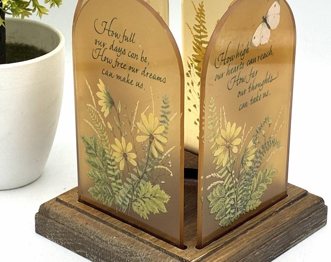Vintage Acrylic Panel Candle Holder Lantern Butterfly Botanical Quote 1970s