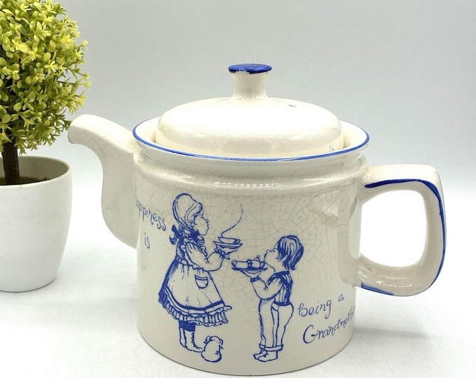 Royal Crownford Ironstone England “Happiness Is Being a Grandma” Teapot Blue & White Vintage