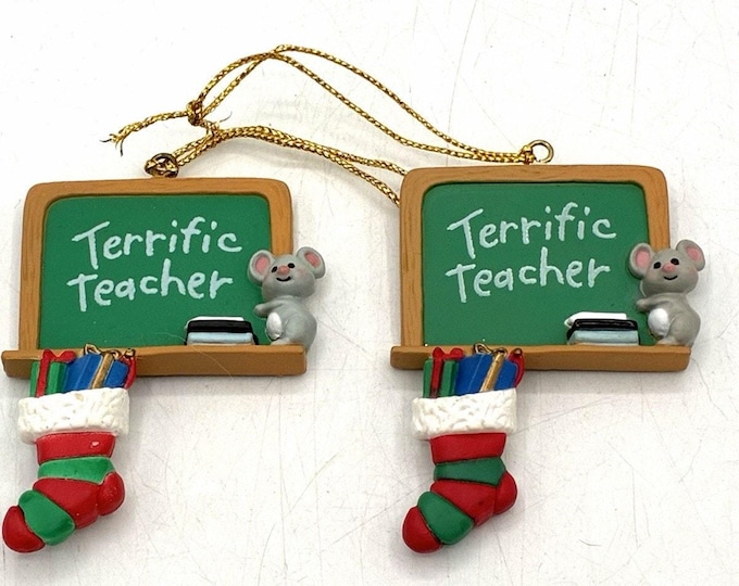 Vintage Terrific Teacher Christmas Ornaments Set of 2 Chalkboard Mouse School