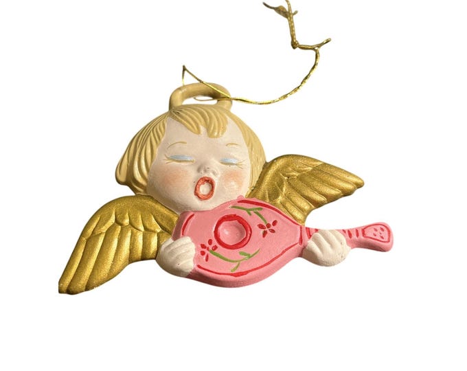 Vintage Hand Painted Ceramic Angel Christmas Ornament Musical Instrument 4"
