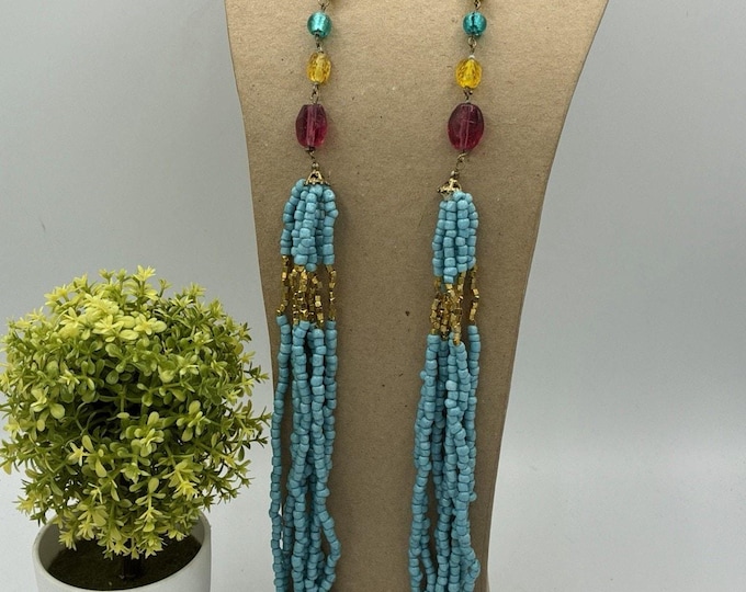 Vintage Style Multicolor Glass Bead Necklace Long Multi Strand Boho 30”