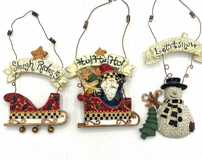 Lot 3 Vtg 1990s Folk Art Christmas Ornaments Sleigh Santa Snowman Crackle Wire