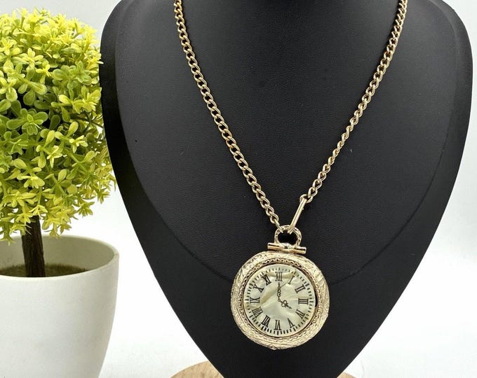 Vintage Mock Clock Pendant Necklace Mother of Pearl Face Gold Tone Engraved