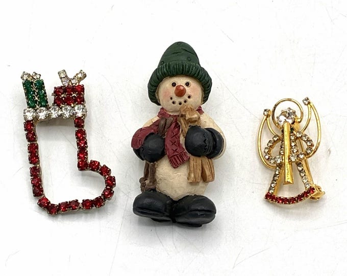 Vintage Christmas Brooch Lot of 3 Rhinestone Stocking Snowman Angel Holiday Pins