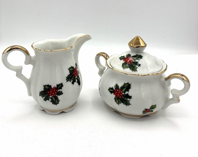 Vintage Lefton Christmas Holly Creamer Covered Sugar Bowl Set 7949 Japan Gold