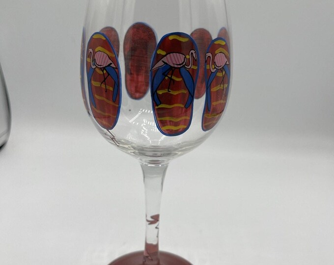 Flamingo And Flip Flops Wine Glass 9” Stemware Vacation Hand Painted Recipe