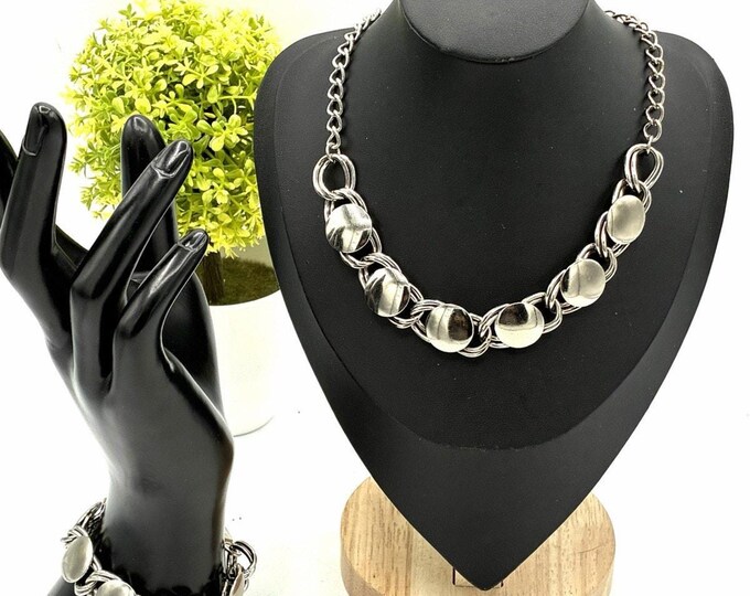 Silver Tone Necklace Bracelet Set Chunky Disc Link Statement Jewelry